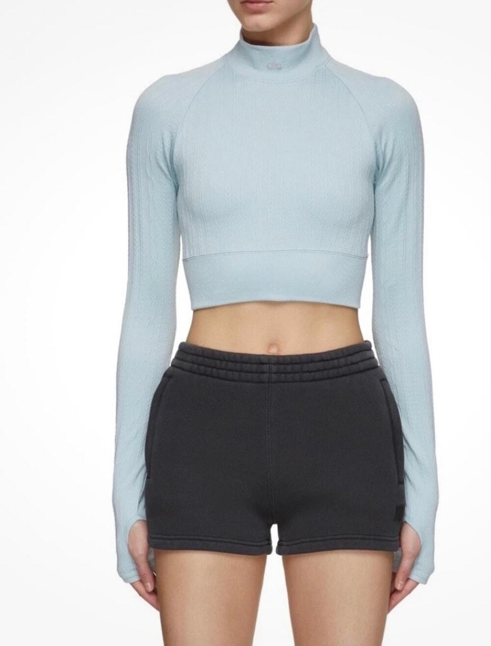 Alo Yoga Seamless Light Blue Cable Knit Mock Neck Long Sleeve Crop Top-Size S
